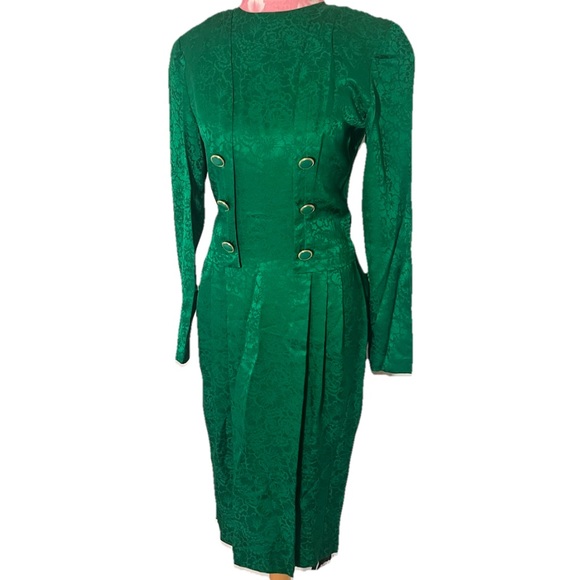 Adrianna Papell Dresses & Skirts - Vintage 90s Papéll Silk Green Floral Long Sleeve Pleated Sz 4 Button Midi Dress